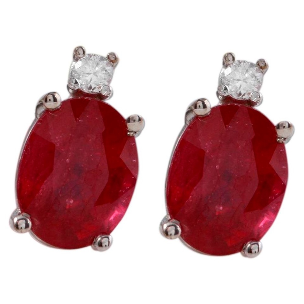4.18 Ct Red Ruby & Diamond 14KW Gold Stud Earring